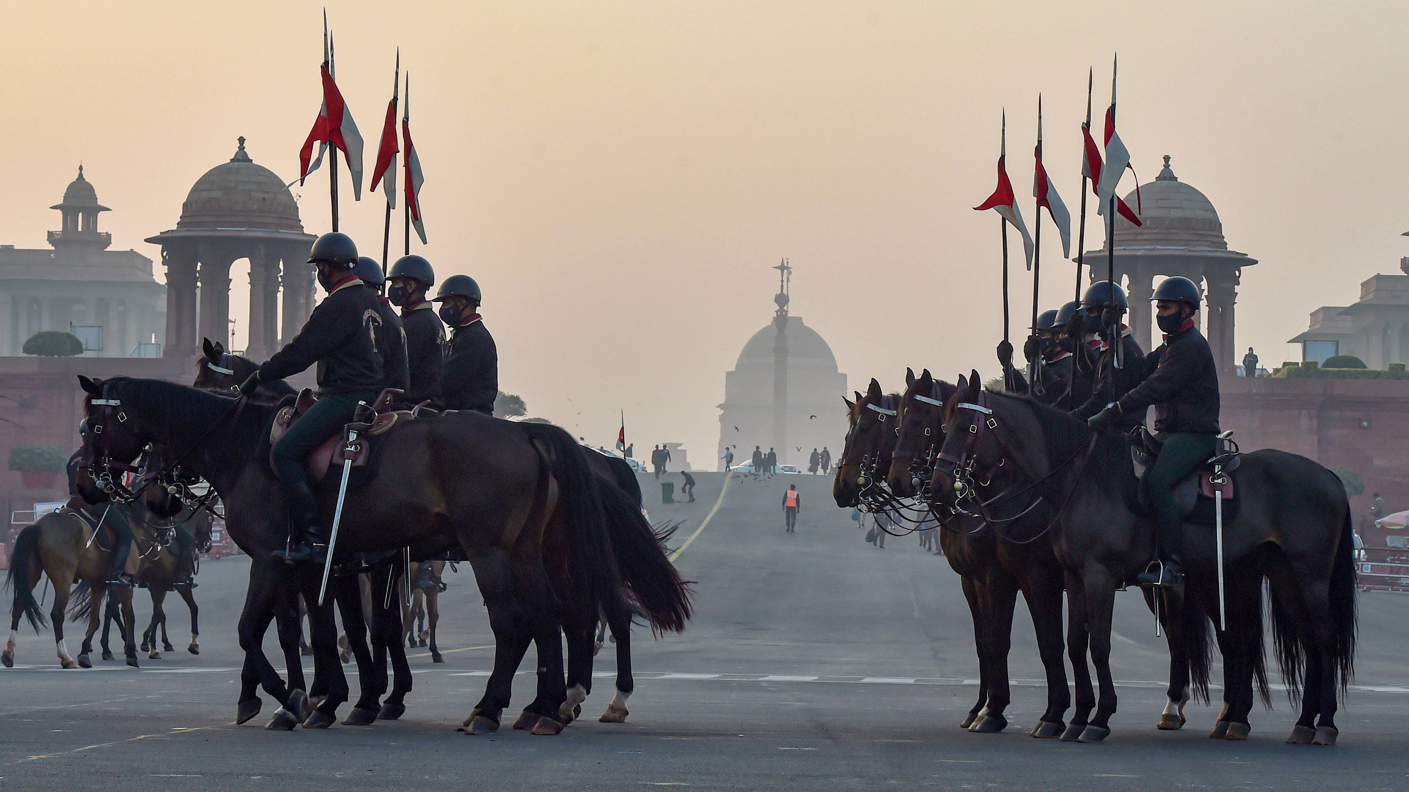 President's Bodyguards during the rehearsals for Beating Retreat 2021, in New Delhi. Credit: PTI