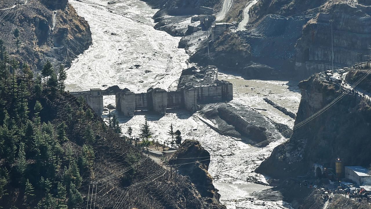 An aerial view of Tapovan barrage two days after a glacier broke off in Joshimath causing a massive flood in the Dhauli Ganga river, in Chamoli district of Uttarakhand. Credit: PTI Photo.