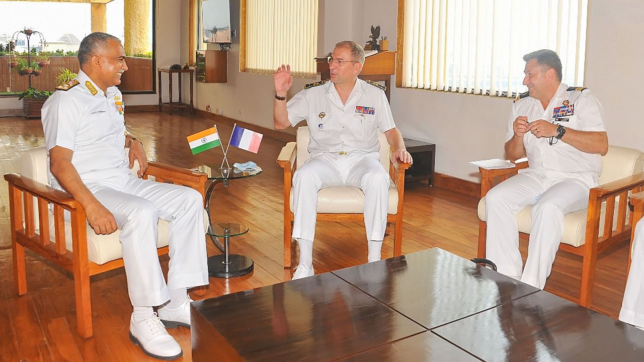 A French naval delegation headed by Rear Admiral Jacques Fayard, French Joint Forces Commander in the Indian Ocean (ALINDIEN) during a meeting with the Flag Officer Commanding-in-Chief, of the Western Naval Command Vice Admiral Hari Kumar, in Mumbai, Monday, March 29, 2021. Credit: PTI Photo