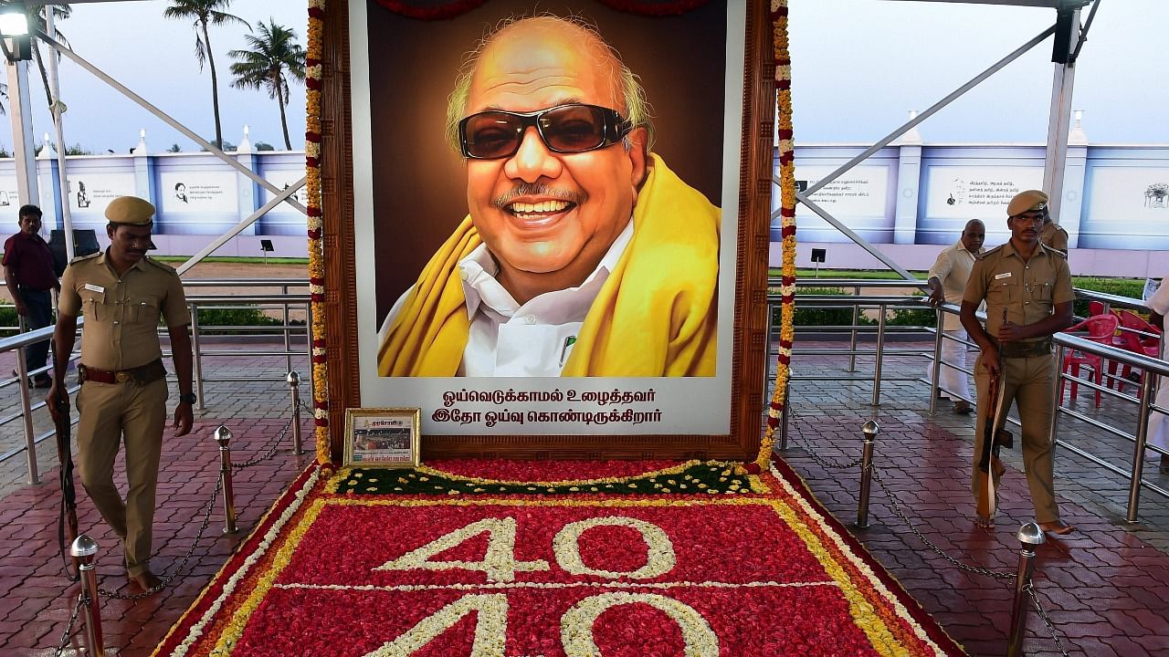 A mural of the late Karunanidhi. Credit: PTI File Photo