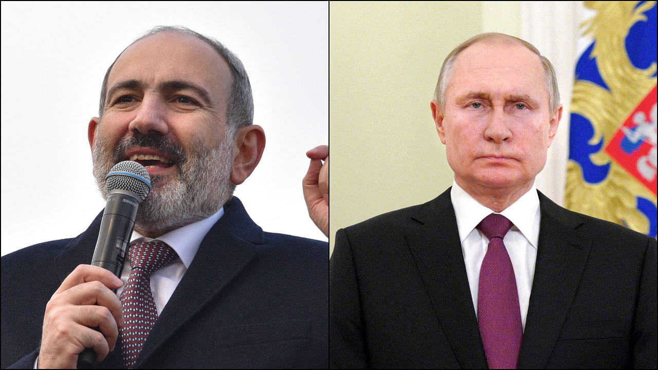 Nikol Pashinyan (L), who faces backlash at home after the country's humiliating defeat in last year's war with Azerbaijan over control of the breakaway region of Nagorno-Karabakh, is expected to meet with Putin next Wednesday. Credit: AFP File Photo