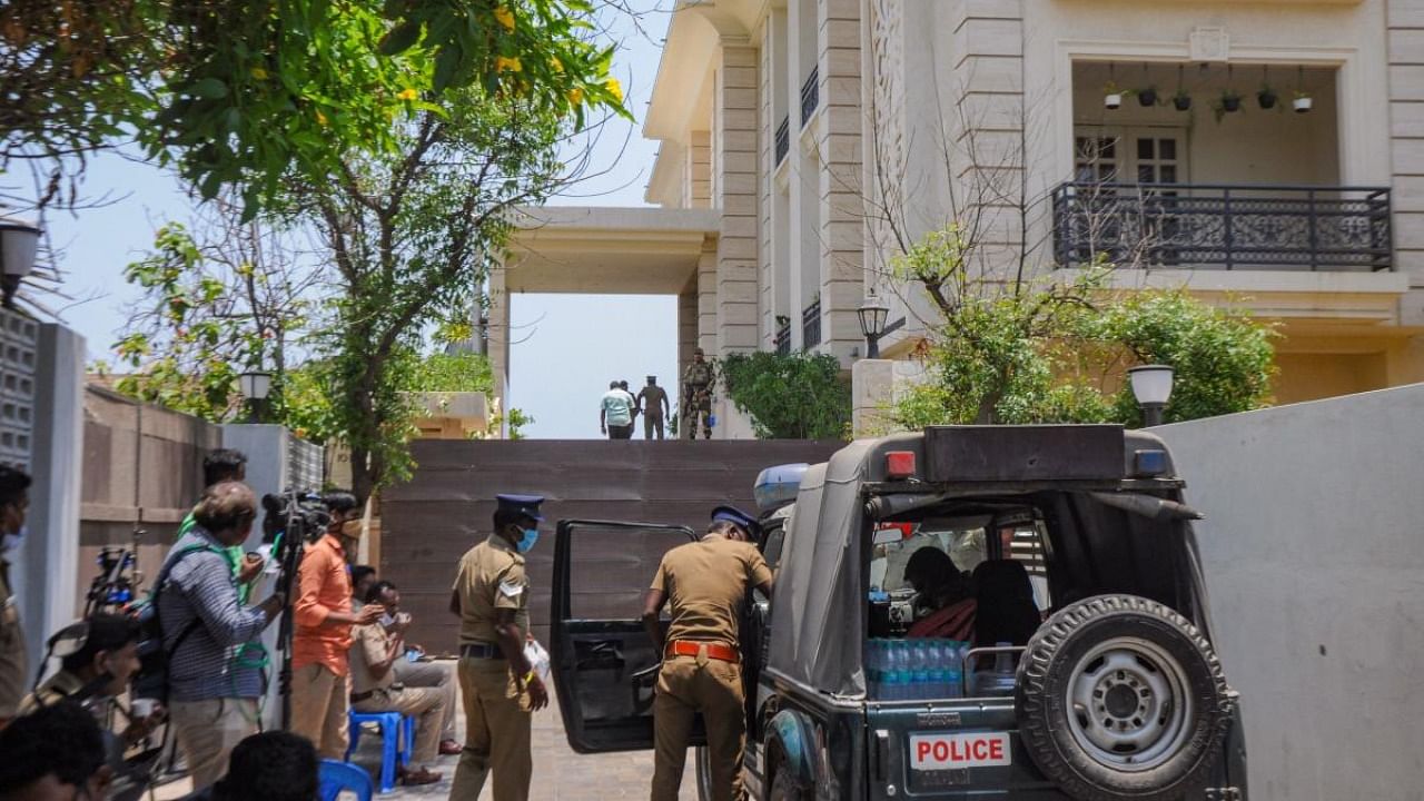 Security personnel outside DMK leader MK Stalin's daughter Senthamarai Stalin's residence during a raid by Income Tax, in Chennai. Credit: PTI.