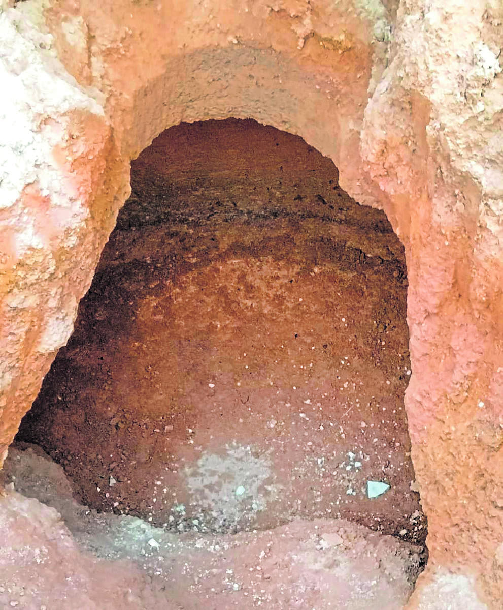 A rock-cut cave of Megalithic period was discovered at Paniyadi in Udupi district. Credit: DH photo. 