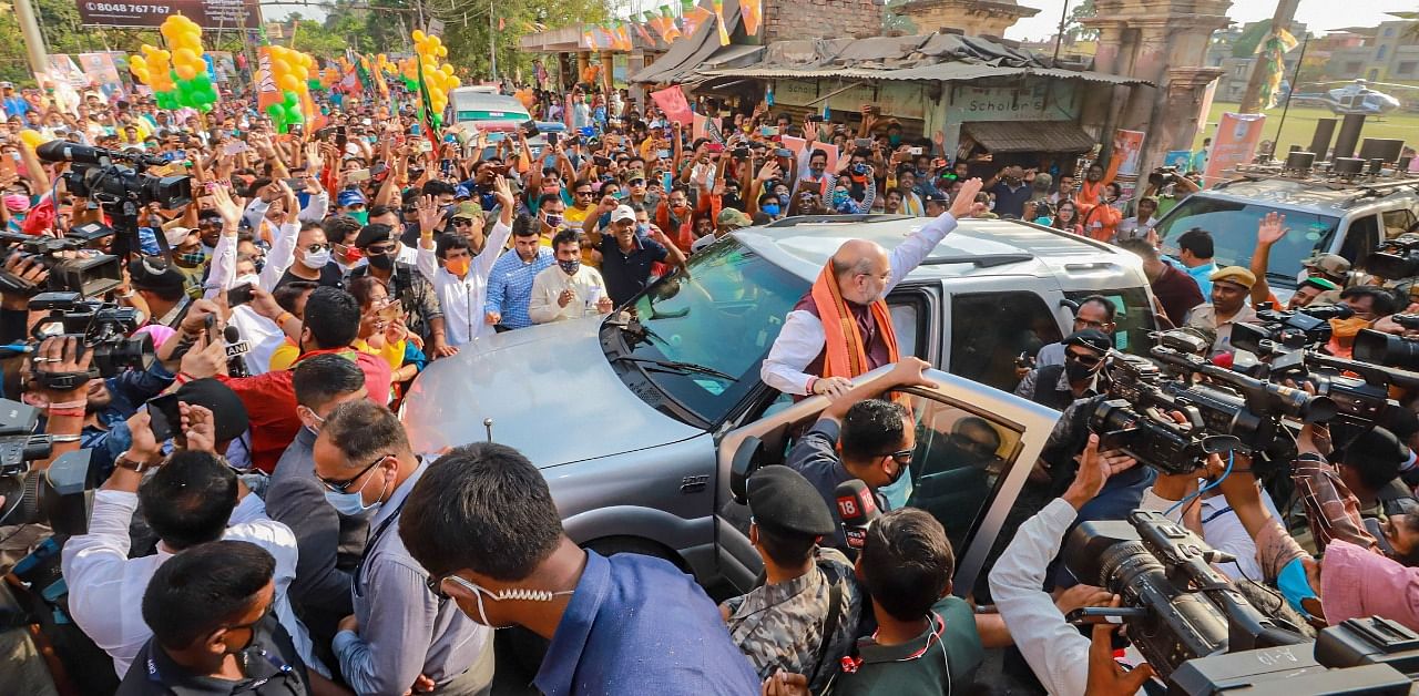 Amit Shah's roadshow in South 24 Parganas, on April 2. Credit: PTI Photo