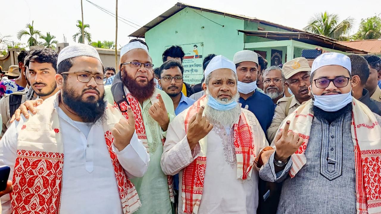 All India United Democratic Front (AIUDF) Chief Badruddin Ajmal after casting his vote during the second phase of Assam assembly polls, in Donkigaon. Credit: PTI.