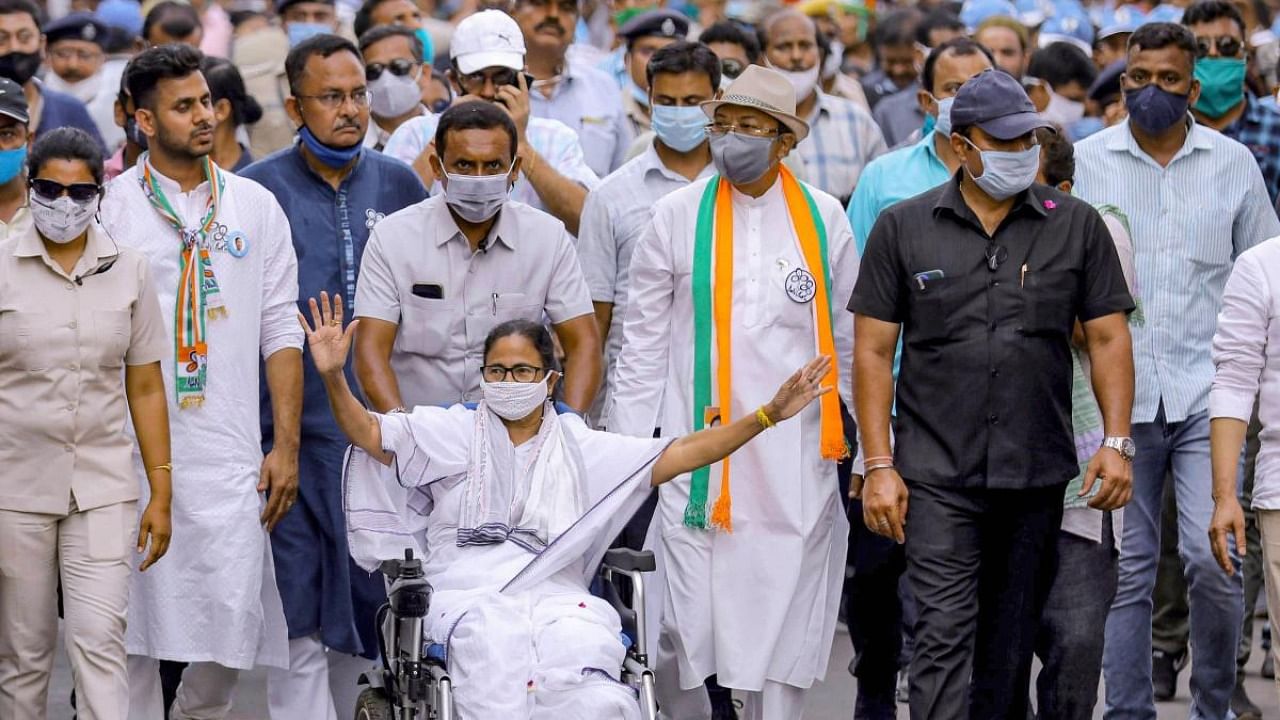 West Bengal CM and TMC supremo Mamata Banerjee at an election campaign rally for Assembly polls, in Howrah district. Credit: PTI.