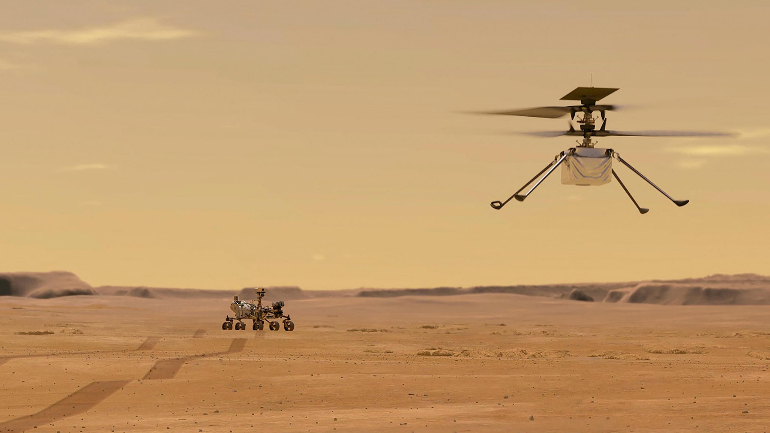 This NASA photo obtained on March 24, 2021 shows an illustration depicting Mars Helicopter Ingenuity during a test flight on Mars. Credit: AFP