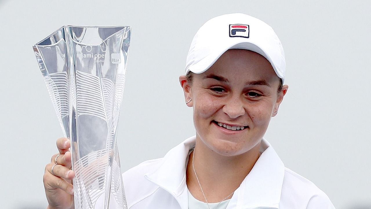 Ashleigh Barty of Australia poses with the winner's trophy after defeating Bianca Andreescu of Canada during the final of the Miami Open at Hard Rock Stadium. Credit: AFP Photo
