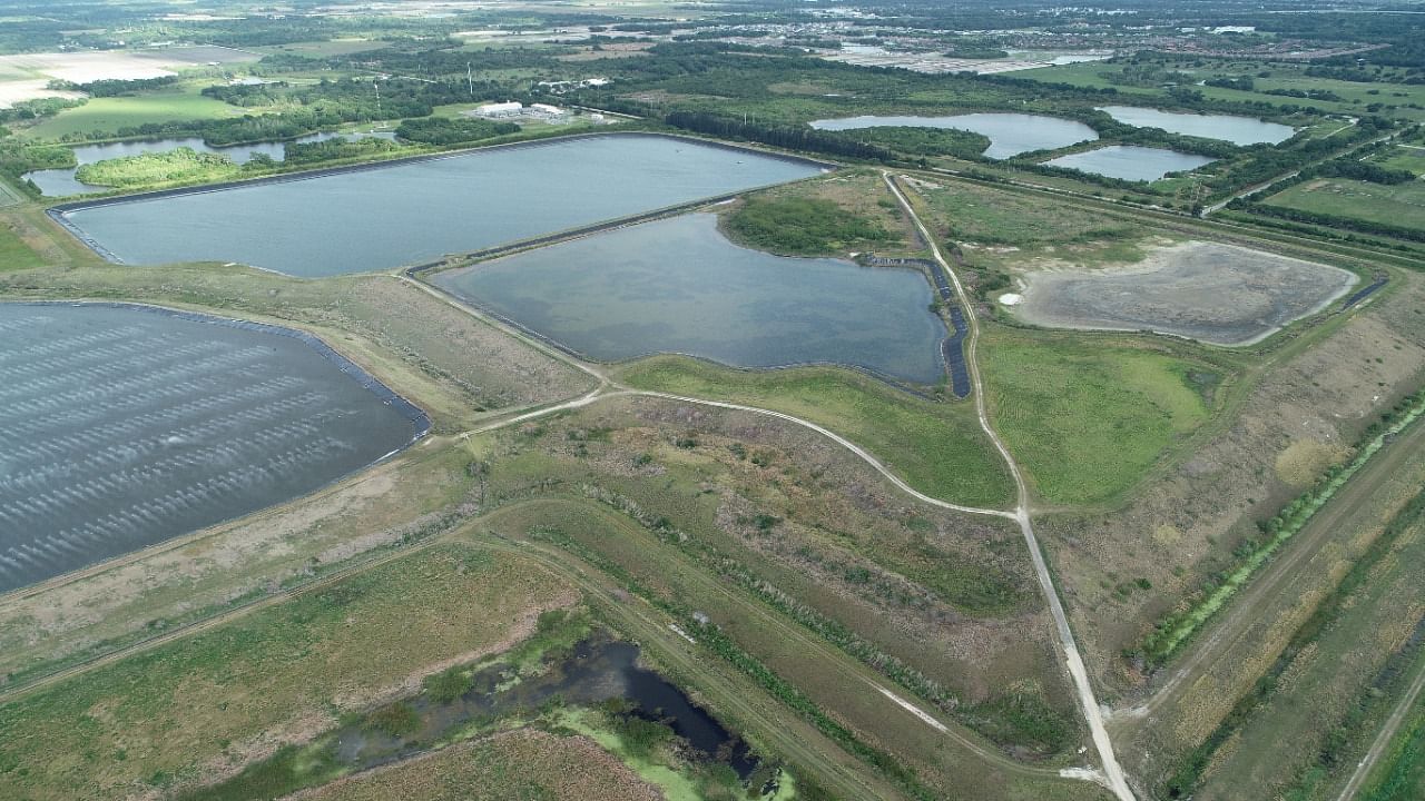 A reservoir of an old phosphate plant, the site of a breach which is leaking polluted water into the surrounding area, prompting an evacuation order in Manatee County. Credit: Reuters Photo