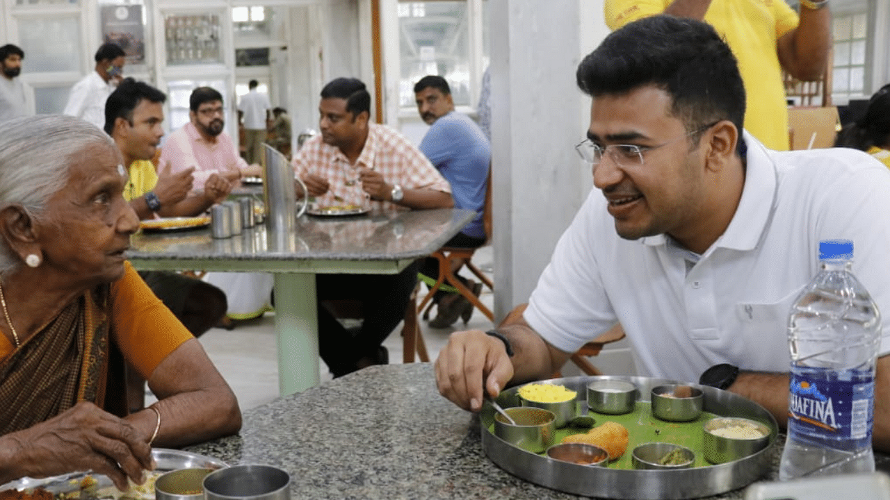 Surya took to Twitter not to talk about the food at Sree Annapoorna Sree Gowrishankar, but to take a dig at the DMK, the principal Opposition party, Credit: Twitter/@Tejasvi_Surya