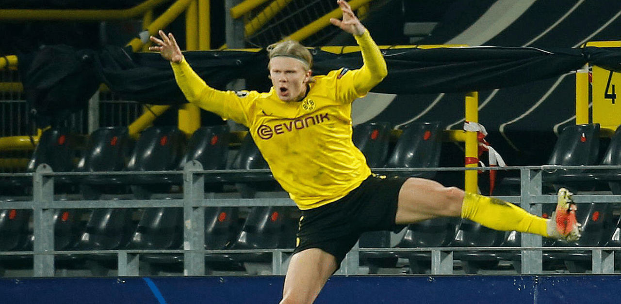 Borussia Dortmund's Erling Braut Haaland celebrates after scoring. Credit: Reuters photo.