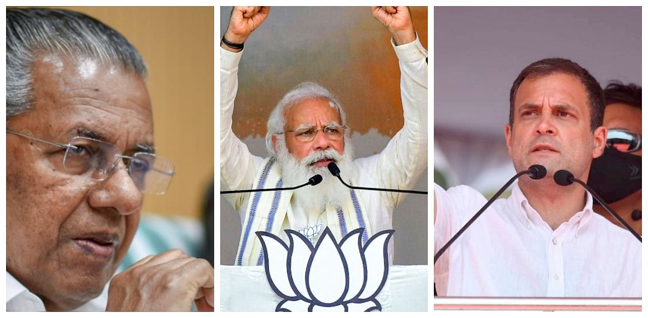 Kerala CM Pinarayi Vijayan (L), PM Narendra Modi, Congress leader Rahul Gandhi (R). Credit: DH Collage