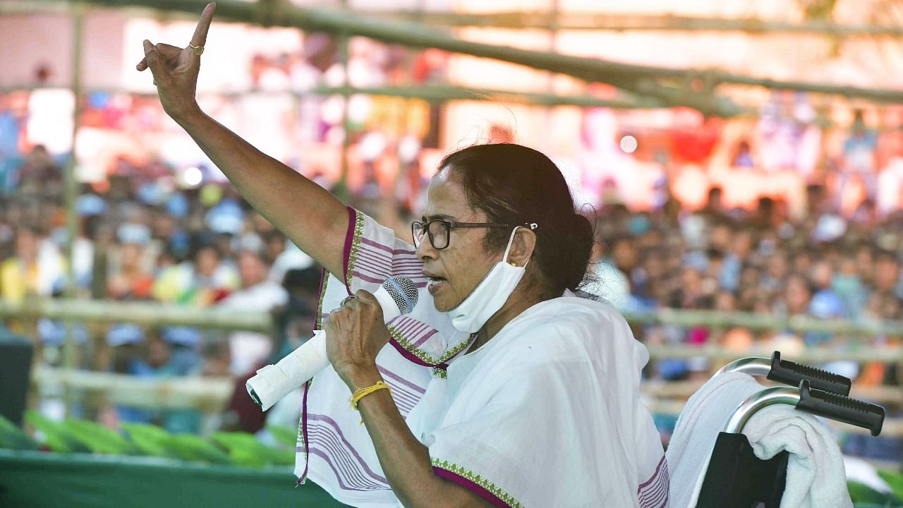 South 24 Parganas: West Bengal CM and TMC supremo Mamata Banerjee addresses an election campaign rally for Assembly polls, at Sonarpur in South 24 Parganas. Credit: PTI/West Bengal CMO.