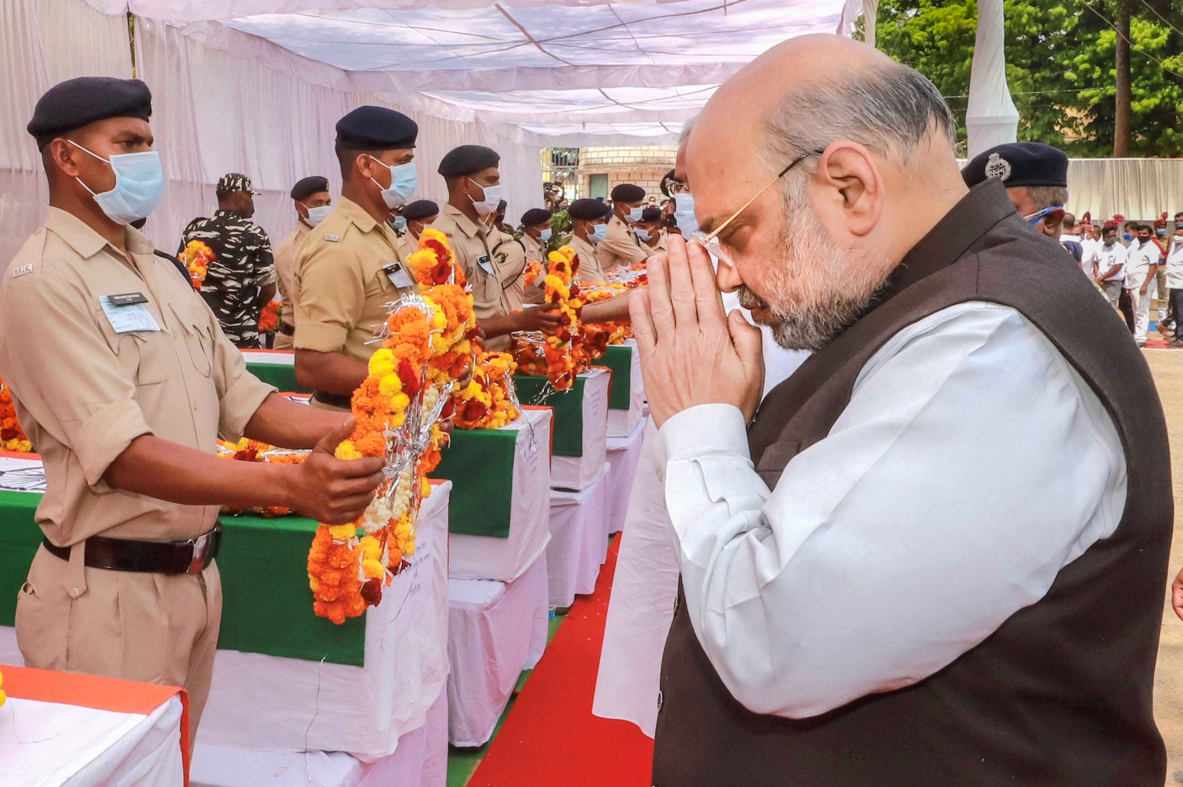 Amit Shah pays tribute to the 14 CRPF Personnel who lost their lives in Bijapur Naxal attack. Credit: PTI Photo