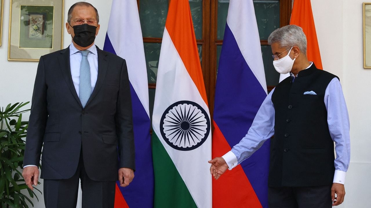 Russian Foreign Ministry shows Russian Foreign Minister Sergei Lavrov (L) meeting with India's Foreign Minister Subrahmanyam Jaishankar in New Delhi. Credit: AFP Photo