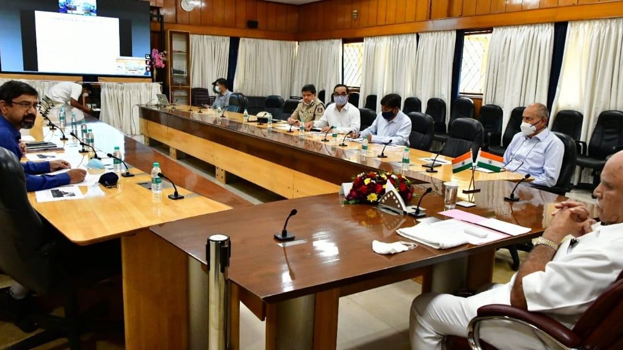 Karnataka CM BS Yediyurappa chairs a meeting with senior officials to discuss the April 7 strike call by transport employees. Credit: Special arrangement.