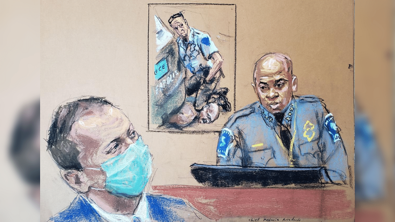 Minneapolis Police Chief Medaria Arradondo answers questions on the sixth day of the trial of former Minneapolis police officer Derek Chauvin (L) for second-degree murder, third-degree murder and second-degree manslaughter in the death of George Floyd in Minneapolis, Minnesota, U.S. April 5, 2021 in this courtroom sketch.  Credit: Reuters Photo