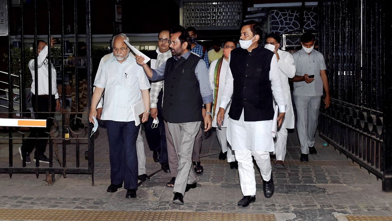 BJP leaders leave after a meeting with the Election Commission, in New Delhi. Credit: PTI Photo