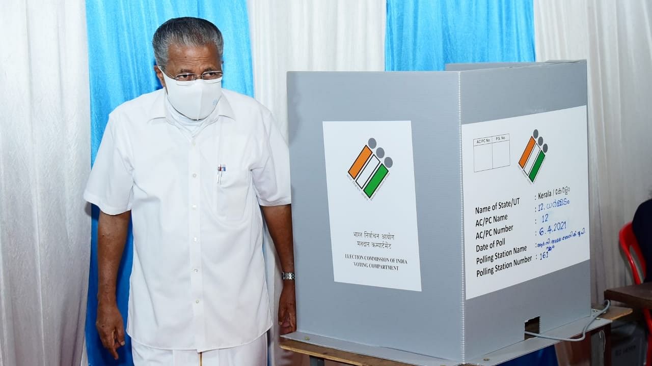 Kerala CM Pinarayi Vijayan casting vote at Pinarayi in Kannur. Credit: Special Arrangement