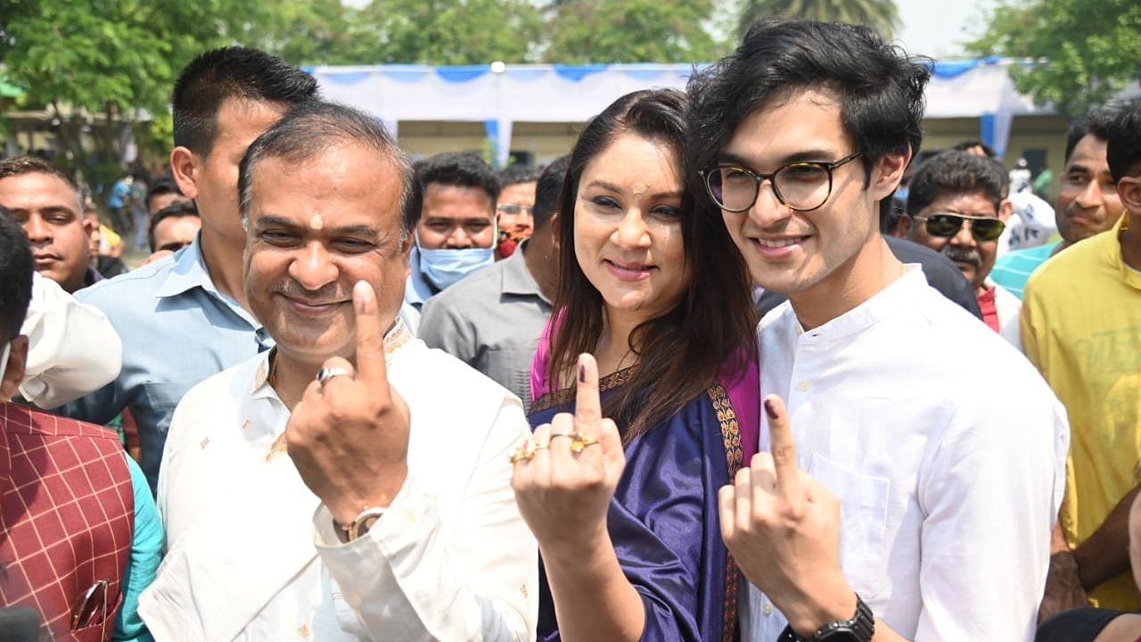 Himanta Biswa Sarma, his wife and son after casting his vote at Amingaon in Jalukbari Assembly constituency. Credit: Special Arrangement