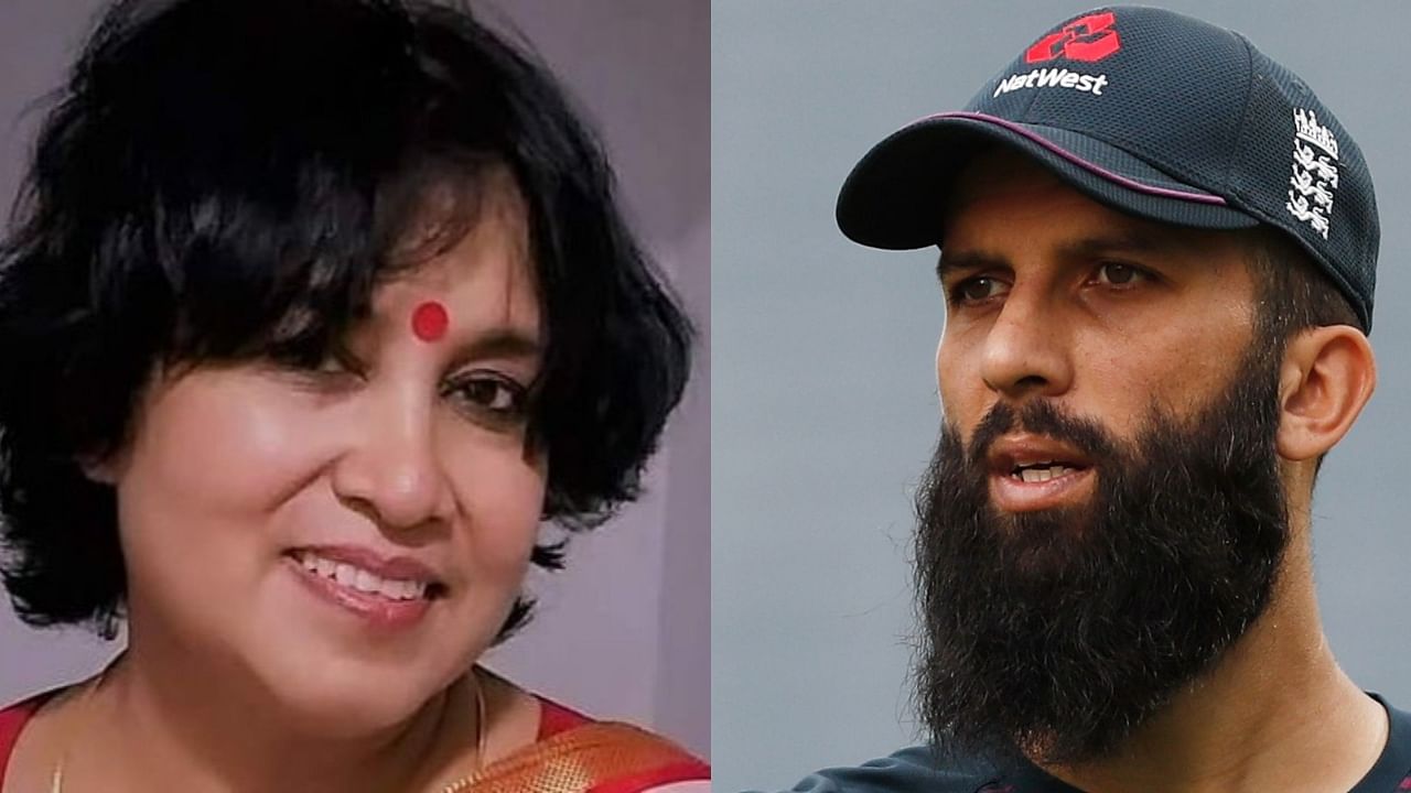 Author Taslima Nasreen (R), Cricketer Moeen Ali (L). Credit: Twitter/@taslimanasreen and Reuters