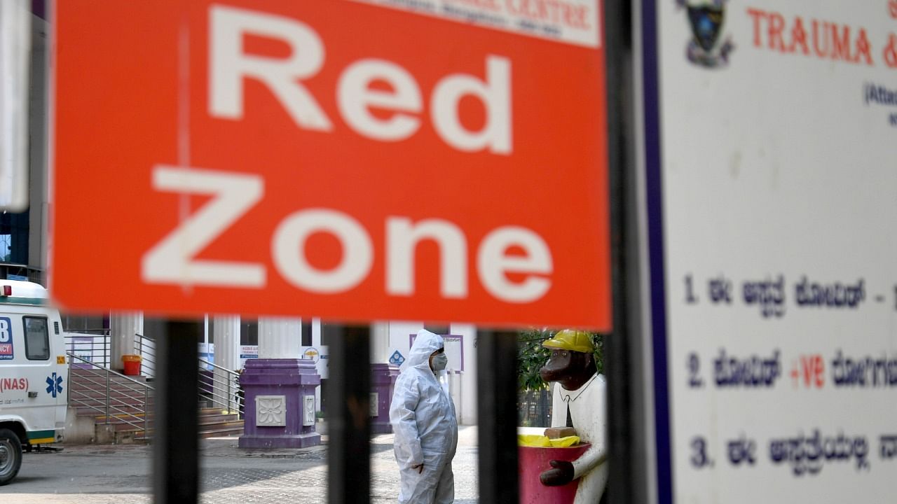 A red zone board indicating Covid-19 patients getting treatment, at Victoria Hospital, Bengaluru. Credit: DH Photo/Pushkar V