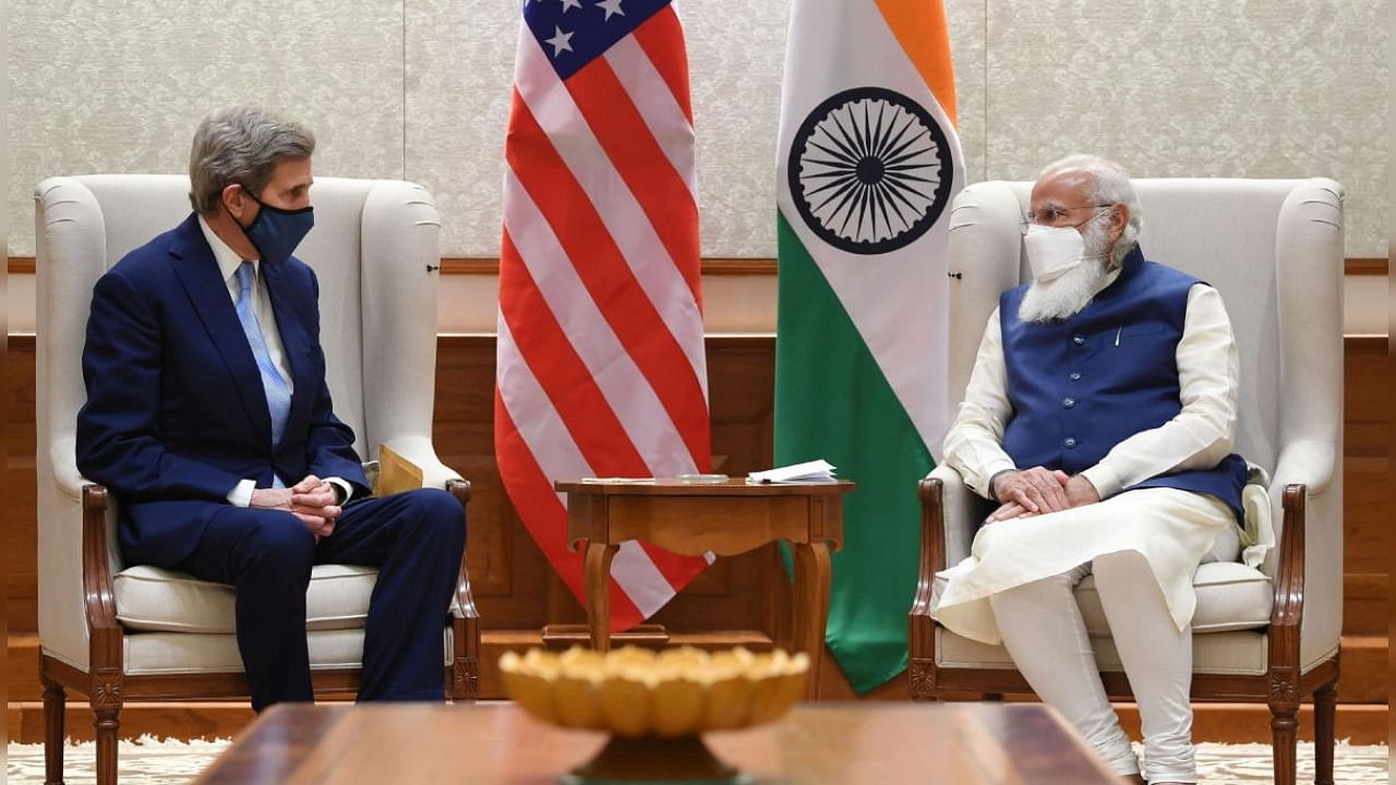 US Special Presidential Envoy for Climate John Kerry meets with India's Prime Minister Narendra Modi in New Delhi, India, April 7, 2021. Credit: Handout via Reuters