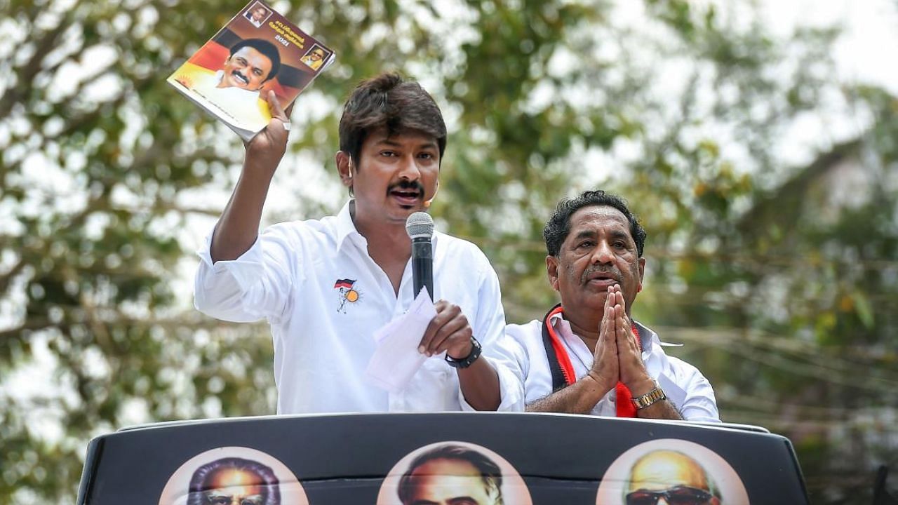 Dravida Munnetra Kazhagam (DMK) leader Udhayanidhi Stalin during an election campaign rally in support of his party's Madurai North constituency candidate Ko Thalapathi, ahead of Tamil Nadu assembly polls, in Madurai. Credit: PTI photo. 