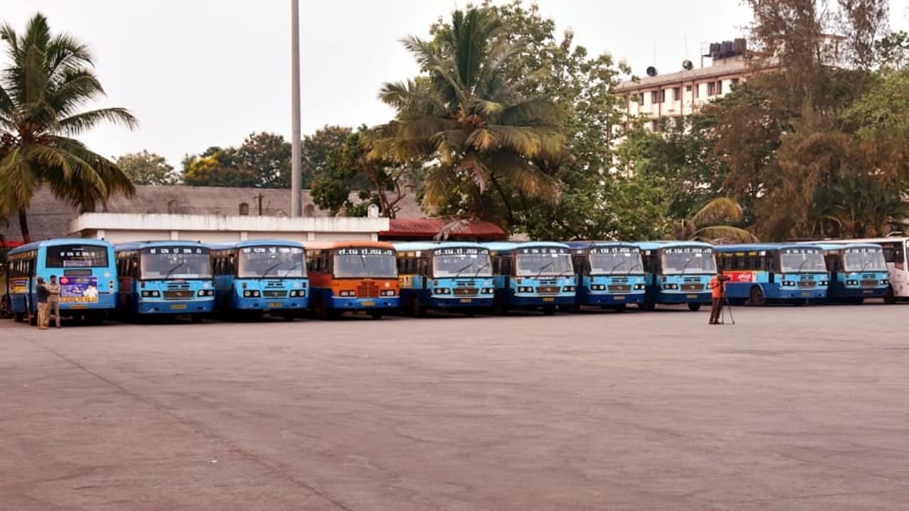 KSRTC buses parked at the bus stand in Bejai in Mangaluru. Credit: DH Photo/Govindraj Javali