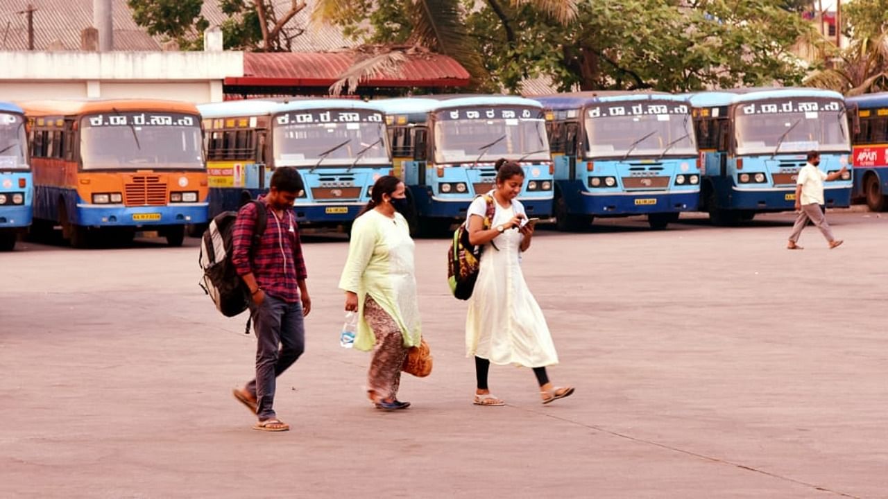 KSRTC buses parked at the bus stand in Bejai in Mangaluru. Credit: DH Photo/Govindraj Javali