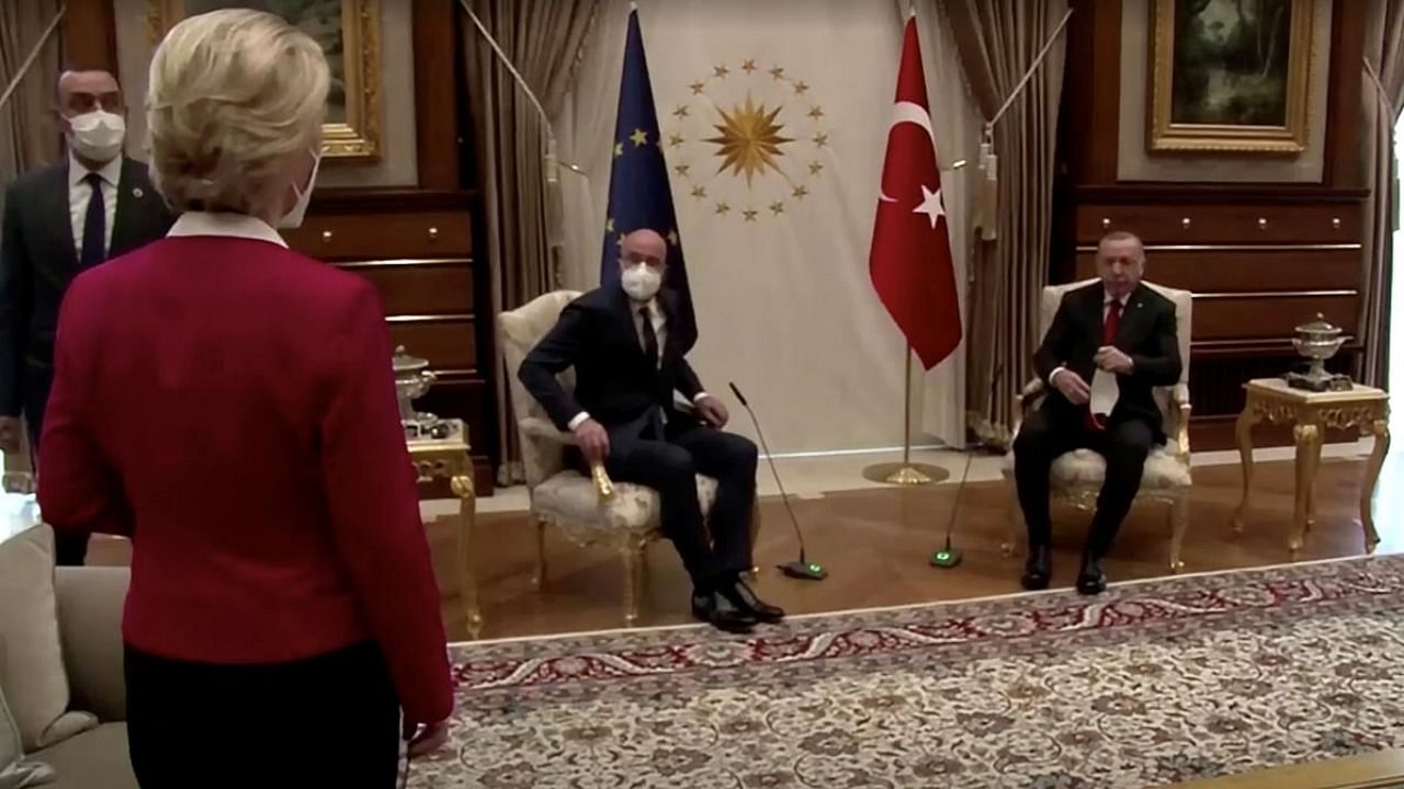 European Commission President Ursula von der Leyen stands as European Council President Charles Michel and Turkish President Tayyip Erdogan take seats in Ankara, Turkey. Credit: Reuters Photo