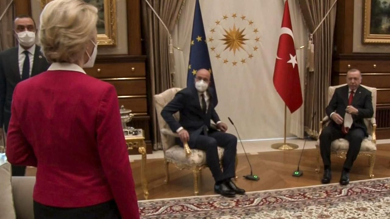The European Commission hit out at a diplomatic snub that left its head Ursula von der Leyen without a chair as male counterparts sat down at a meeting with Turkish President Recep Tayyip Erdogan. Credit: AFP Photo