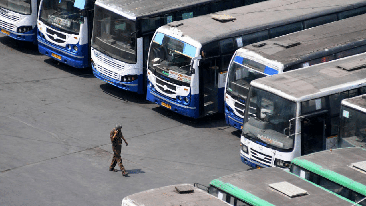 Several BMTC buses parked at Yeshwantpur bus depot on day-2 of the ongoing RTC workers' strike, in Bengaluru on Thursday, April 8, 2021. DH Photo/Pushkar V