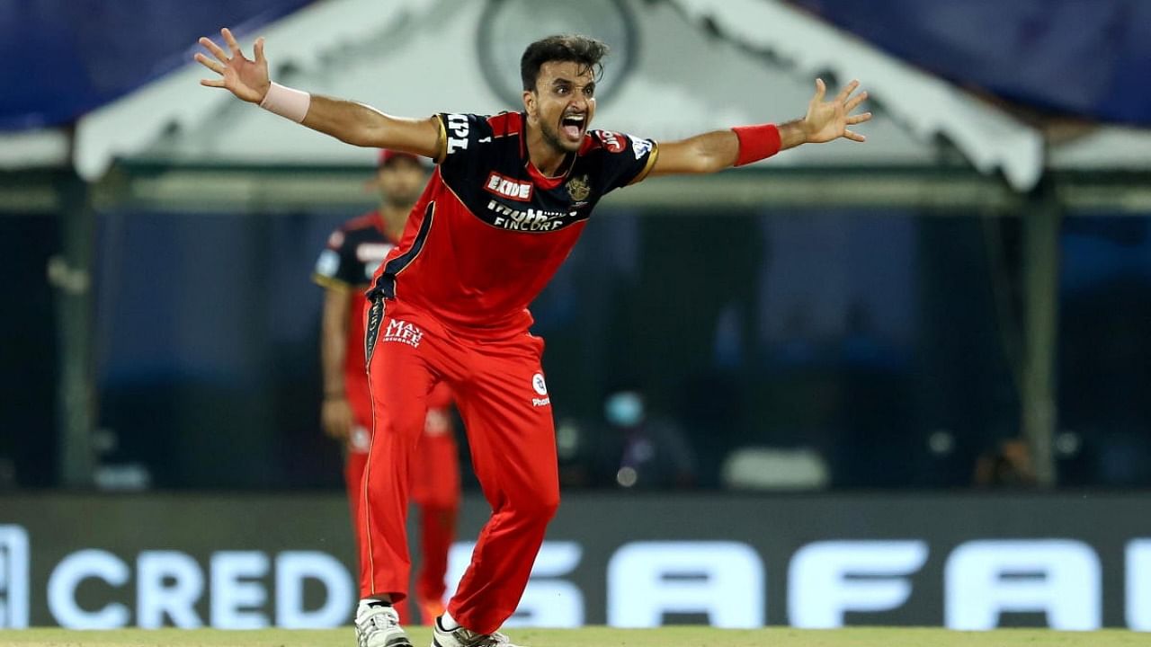 Harshal Patel of Royal Challengers Bangalore appeals for the wicket of Hardik Pandya of Mumbai Indians during Vivo Indian Premier League 2021 match between Mumbai Indians and Royal Challengers Bangalore, at M. A. Chidambaram Stadium in Chennai, Friday, April 9, 2021. Credit: PTI Photo