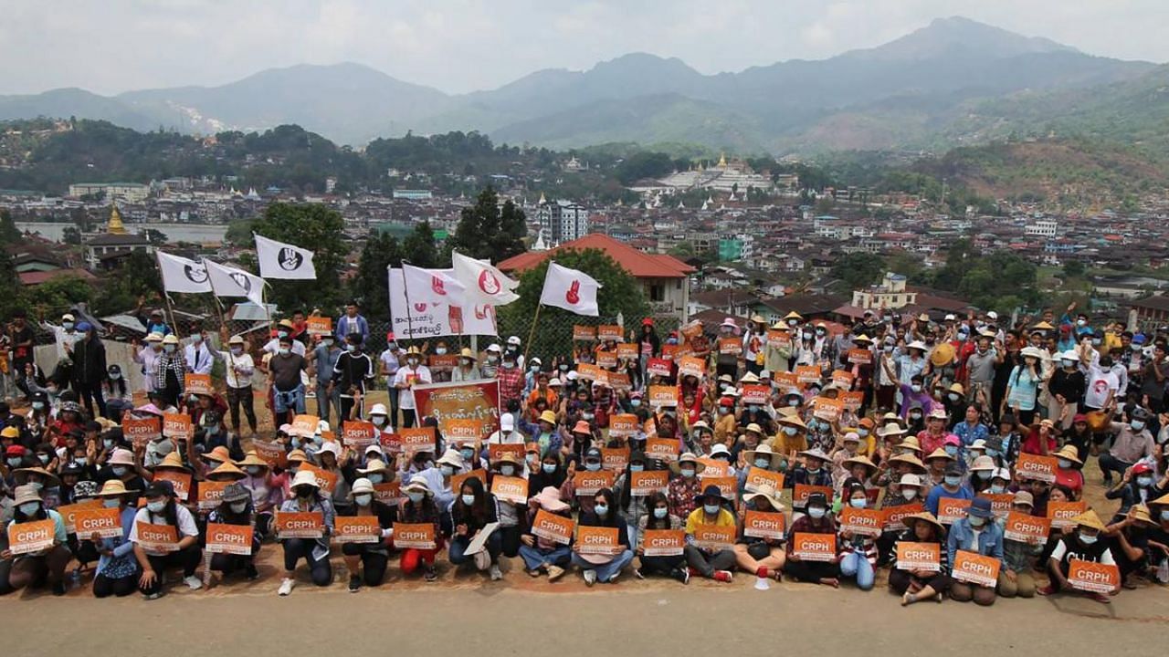 Protesters taking part in a demonstration against the military coup in Mogok town, north of Mandalay. Credit: AFP photo.