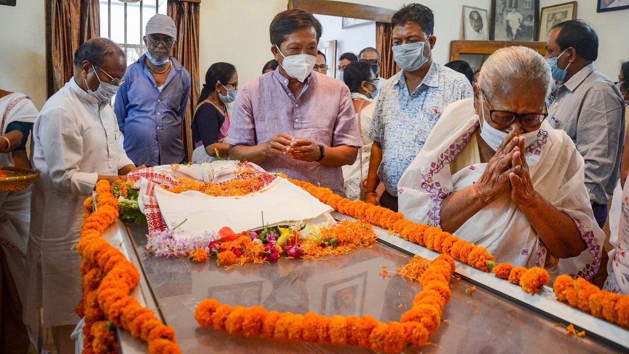 People pay respect to Former Chief Justice of India (CJI) Ranjan Gogoi's mother Shanti Gogoi after she passed away, in Dibrugarh. Credit: PTI.