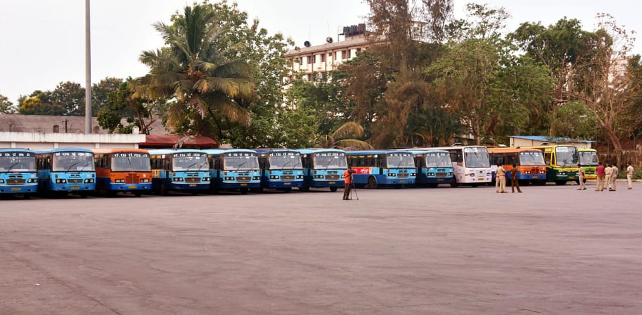 Buses parked at a bus terminus in Mangaluru. Credit: DH Photo/Govindraj Javali
