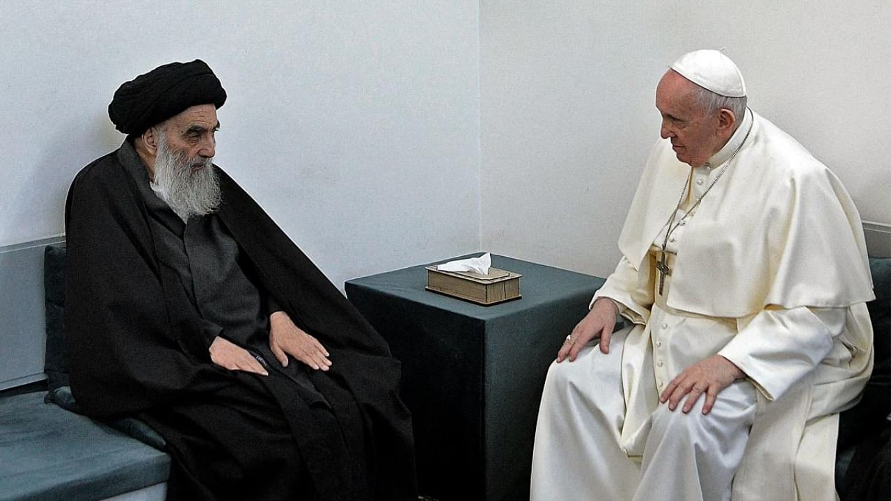 Pope Francis meeting top Shiite cleric Grand Ayatollah Ali al-Sistani. Credit: AFP Photo