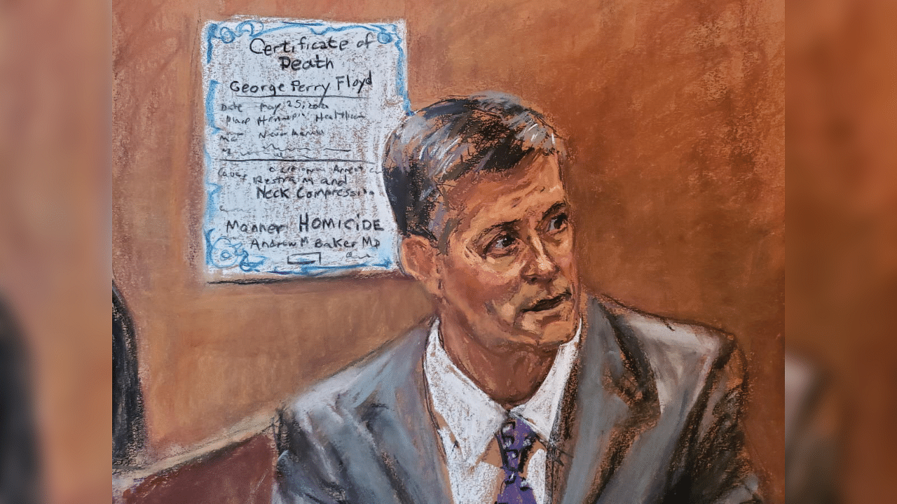 Hennepin County medical examiner Dr. Andrew Baker testifies on the tenth day of the trial of former Minneapolis police officer Derek Chauvin for second-degree murder, third-degree murder and second-degree manslaughter in the death of George Floyd in Minneapolis, Minnesota, U.S. April 9, 2021 in this courtroom sketch. Credit: Reuters Photo