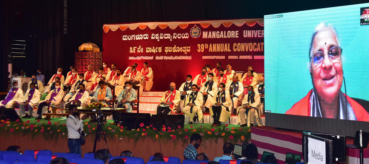 Infosys Foundation Chairperson Sudha Murty delivers the annual convocation address of Mangalore University, virtually, on Saturday. 