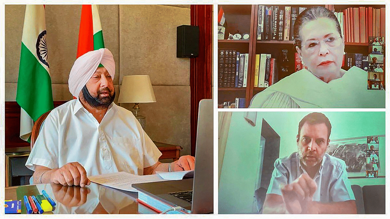  Congress interim President Sonia Gandhi, party leader Rahul Gandhi and Punjab CM Capt. Amarinder Singh during a virtual meeting on Covid-19 situation. Credit: PTI Photo