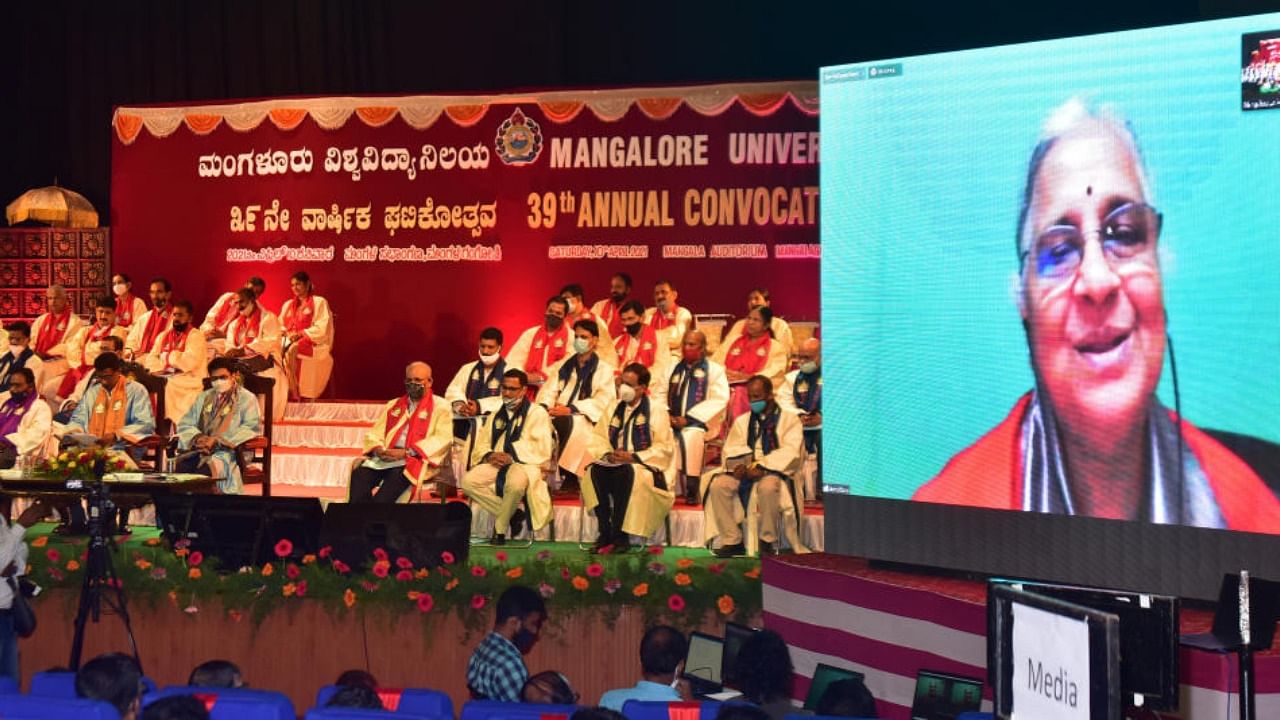 Infosys Foundation Chairperson Sudha Murthy delivers the 39th annual convocation of Mangalore University virtually, on Saturday. Credit: DH Photo