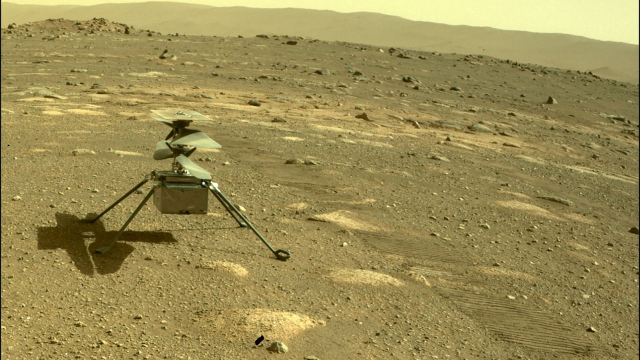 Ingenuity helicopter seen on Mars as viewed by the Perseverance rover’s rear Hazard Camera. Credit: AFP Photo