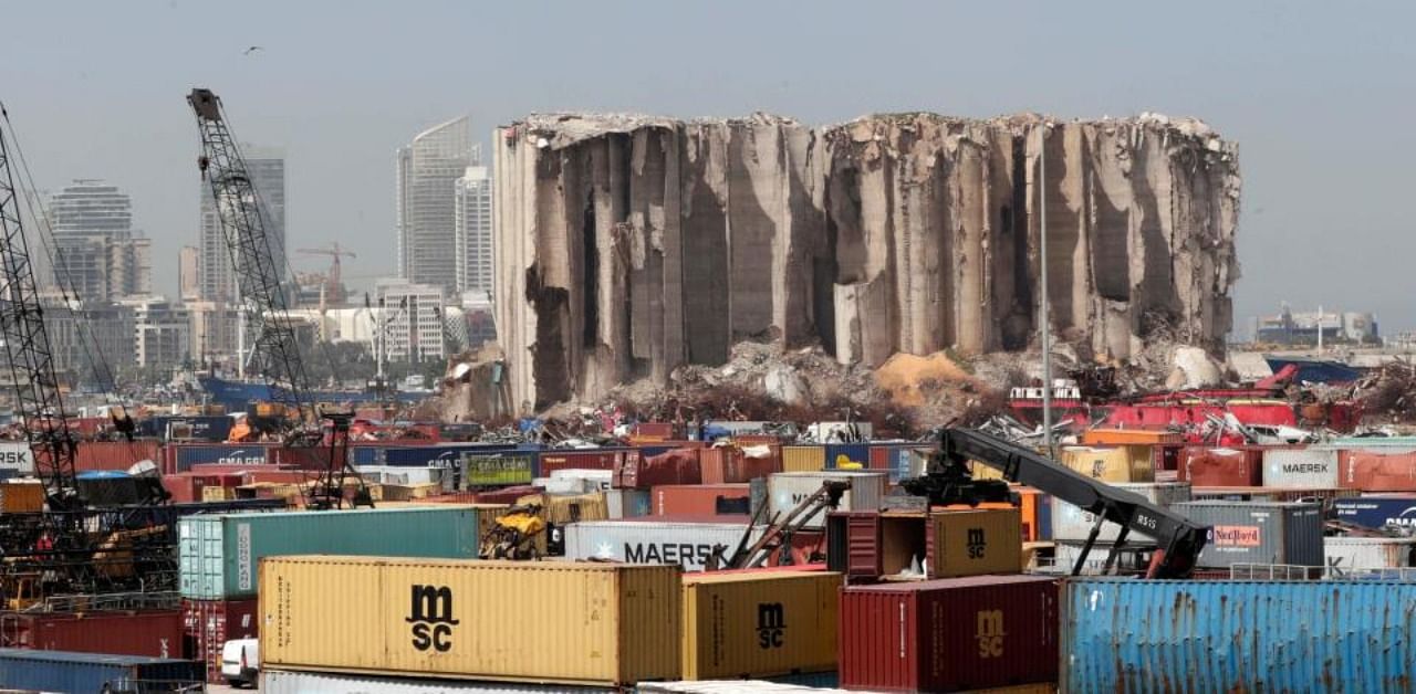 This picture shows the silos of the Beirut port, destroyed in a giant blast on August 4 last year, in the Lebanese capital, on April 6, 2021. Credit: AFP Photo