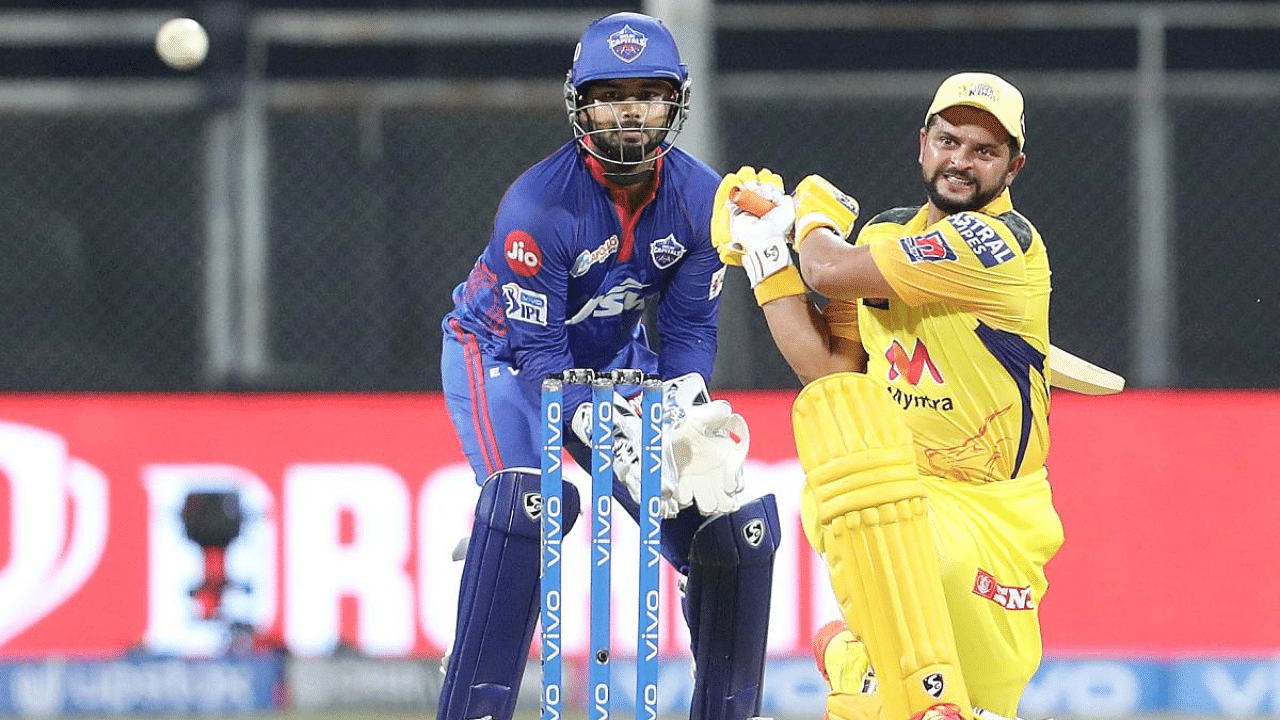 Suresh Raina of Chennai Super Kings plays a shot during match 2 of the Indian Premier League 2021 between Chennai Super Kings and the Delhi Capitals, at the Wankhede Stadium in Mumbai. Credit: PTI photo. 