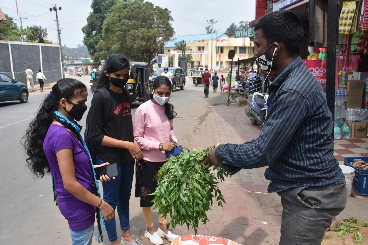 Customers purchase neem leaves for Ugadi in Madikeri.