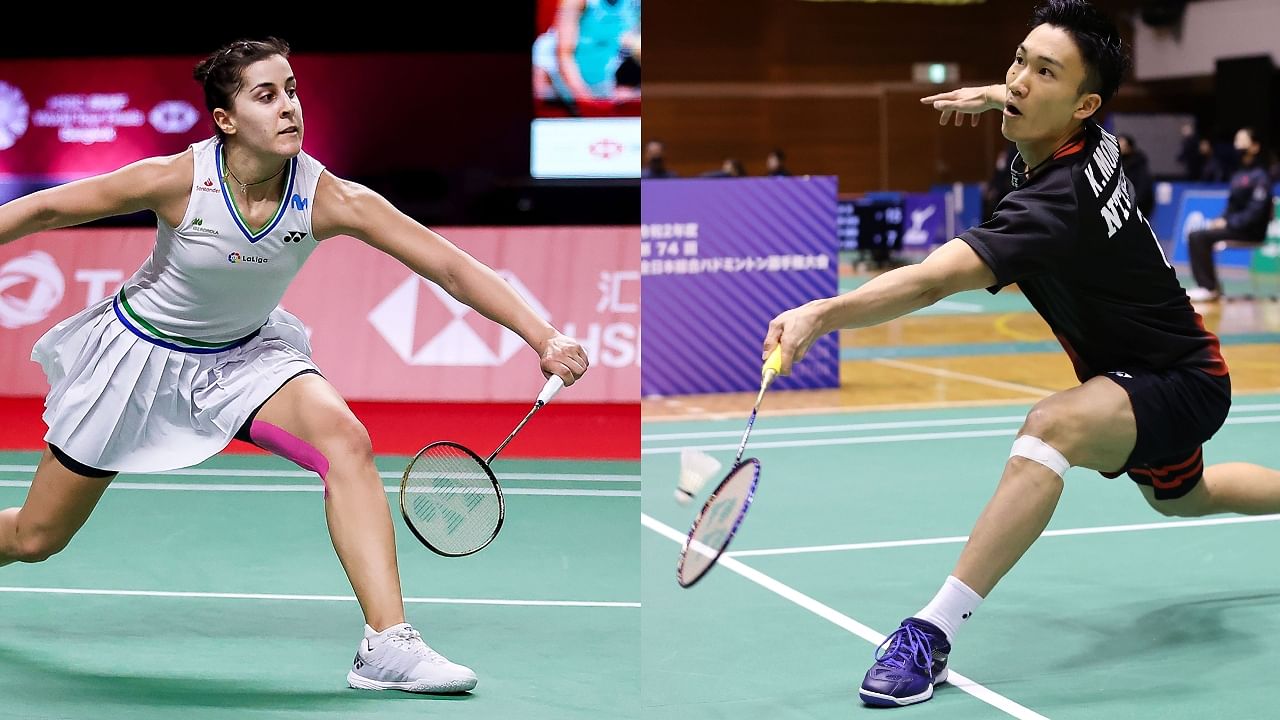 Olympic badminton women's singles champion Carolina Marin (L) and men's singles world number 1 Kento Momota. Credit: AFP File Photos