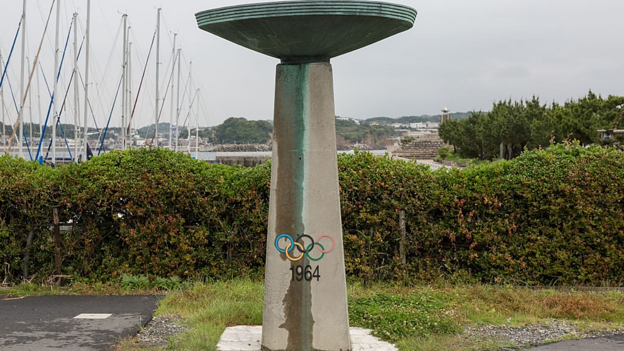 A view of the 1964 Tokyo Olympics torch landmark at the Enoshima Yacht Harbour. Credit: Getty Images