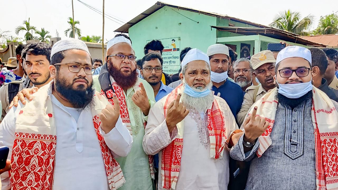 All India United Democratic Front (AIUDF) Chief Badruddin Ajmal after casting his vote during the second phase of Assam assembly polls, in Donkigaon, Hojai. Credit: Twitter Photo via PTI