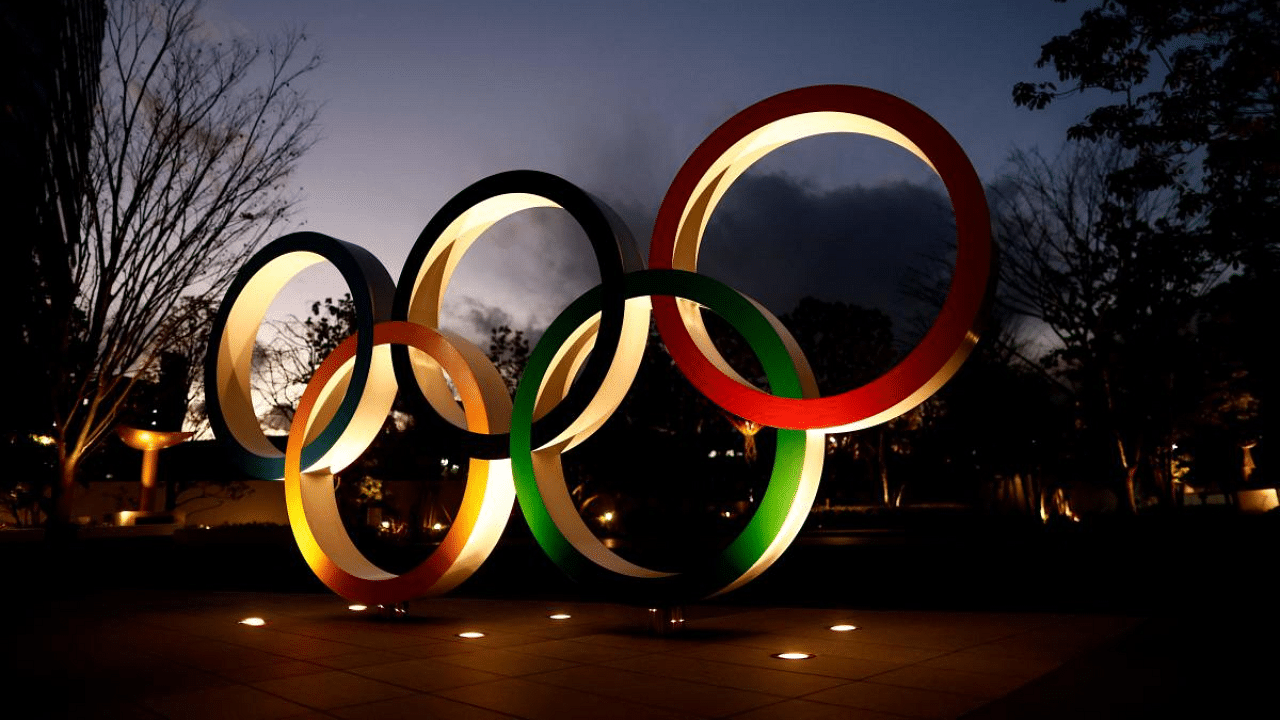 Olympic Rings seen near the National Stadium, the main venue for the Tokyo 2020 Olympic and Paralympic Games, in Tokyo. Credit: AFP file photo. 